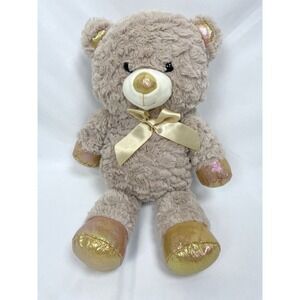 Kellytoy Animal Pals Brown Bear Gold Bow Shiny Feet Hands